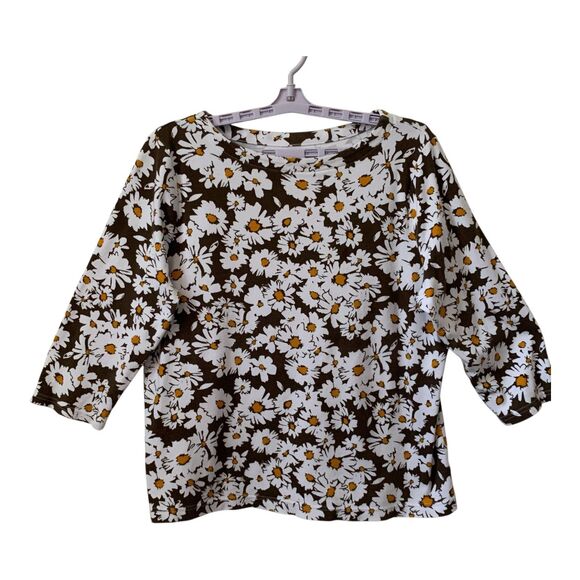 Croft and Barrow Blouse XL Brown White Daisy Print Cotton 3/4 Sleeve T-Shirt - Picture 1 of 8